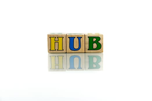 hub colorful wooden word block on the white background