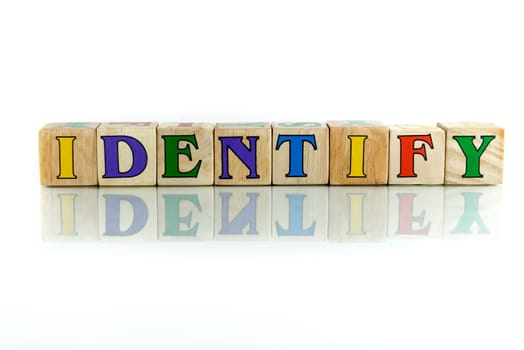 identify colorful wooden word block on the white background