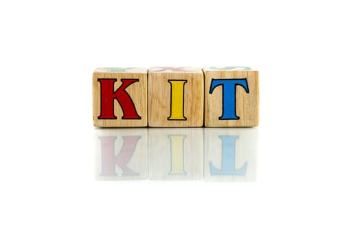 kit colorful wooden word block on the white background