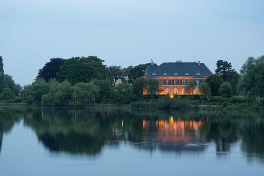 Illuminated Villa Kampffmeyer on the banks of the Havel at Glienicker Horn