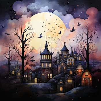Colorful image of a large castle at night in the light of the moon. High quality photo
