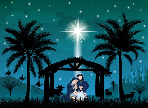 Scene of the Nativity of Jesus Christ. Christmas. The Virgin Mary and Joseph bent over the manger with the baby. Christmas night. The Christmas star shines in the sky. Bethlehem. Three kings on camels.