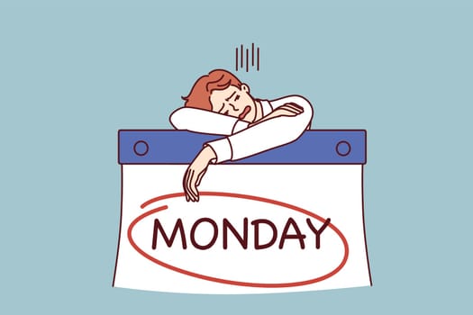 Man sleeps leaning on giant calendar with inscription Monday feeling burned out due to high intensity work. Concept burnout associated with tight deadlines and workaholism entailing health problems