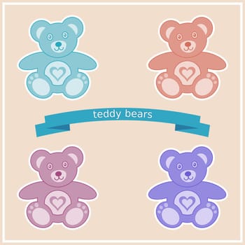 Four vintage colorful cute teddy bears with hearts
