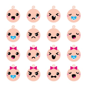 Vector icons set of happy, sad, crying babies isolated on white