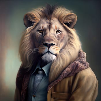 Portrait of an human lion hybrid wearing clothes, mixed creature, mythology, generative AI