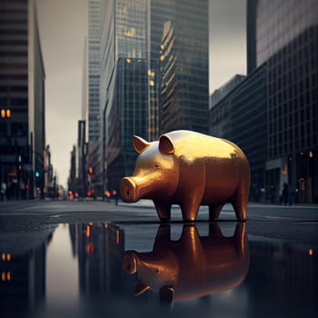 Golden piggy bank in the city, finance and banking, save money, investment plan, financial crisis, generative AI