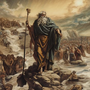Exodus of the bible, Moses crossing the Red Sea with the Israelites, escape from the Egyptians, generative AI