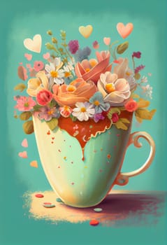 Cup with flowers and hearts, creative positive thinking, self care, hope and support concept, generative AI
