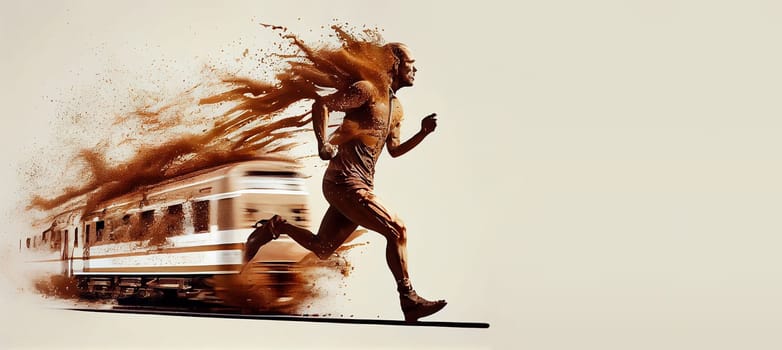 Man made from coffee splashes is running with high speed next to the train, time pressure, caffeine energy, being in a hurry for work, generative AI