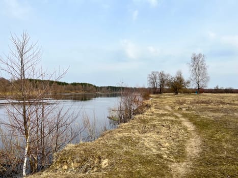 magnificent landscape flooding of the riverbed in early spring in March