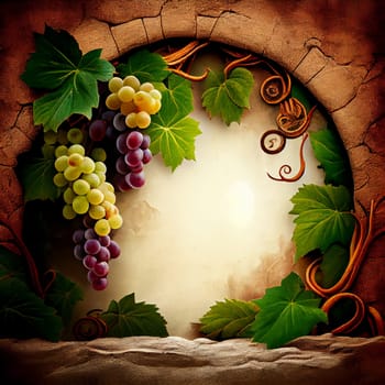 Grapes with vine and leaves, podium platform and product display, wine presentation, generative AI