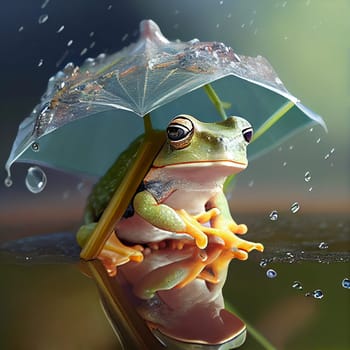 Green frog sitting under an umbrella with raindrops, rainy weather, puddle on the ground, amphibian animal, generative AI