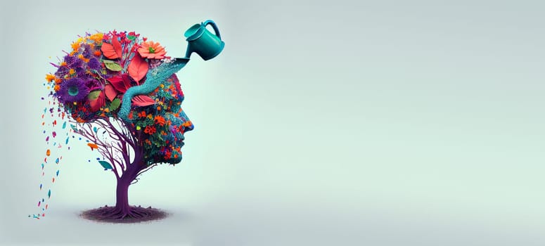 Human brain growing from a tree with flower, watering can is pouring water on the mind, mental health concept, positive attitude, creative thinking, generative AI