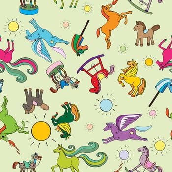 Toy horses seamless pattern, hand drawn doodle illustrations of a series of happy baby animals over a green background