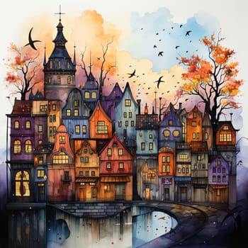 Colorful image of a large castle at night in the light of the moon. High quality photo