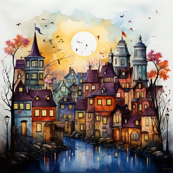 Colorful image of a large castle at night in the light of the moon. High quality photo