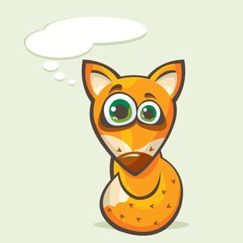 Cartoon funny orange fox with big blue eyes thinking about something.