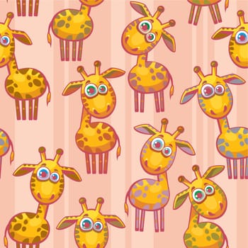 Seamless pattern with cartoon funny giraffes on a pink background. Childish vector wallpaper.