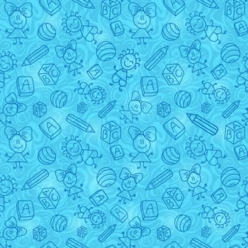 Blue Hand Drawn Seamless Pattern with Kid, Book and Pencil Silhouettes. Vector Background