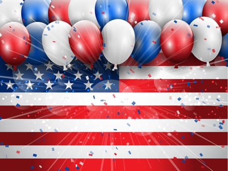 Independence Day 4th July celebration background with balloons and confetti
