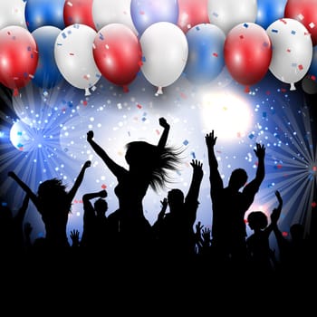 Silhouette of a party crowd on a 4th July Independence day background