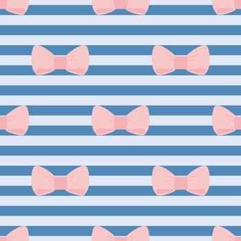 Seamless vector pattern with pastel pink bows on sailor navy blue stripes background. For tile desktop wallpaper and fashion website design