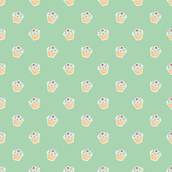 Seamless vector pattern or tile texture with little cupcakes, blueberry muffins, sweet cake on mint green background.