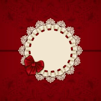 Elegant template luxury invitation, gift card with lace ornament, bow,  ribbon, place for text. Floral elements, ornate background. Vector illustration EPS 10.