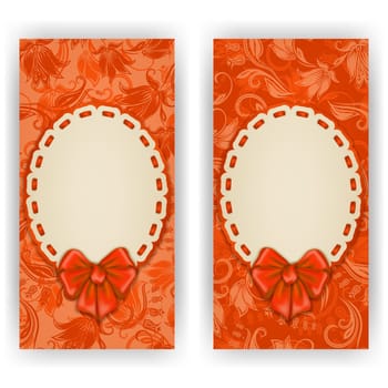 Set of elegant templates of luxury invitation, gift card with lace ornament, bow, place for text. Floral elements, ornate background. Vector illustration EPS10