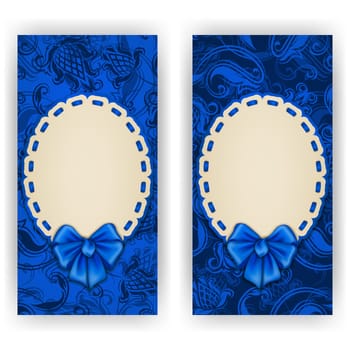 Set of elegant templates of luxury invitation, gift card with lace ornament, bow, place for text. Floral elements, ornate background. Vector illustration EPS10