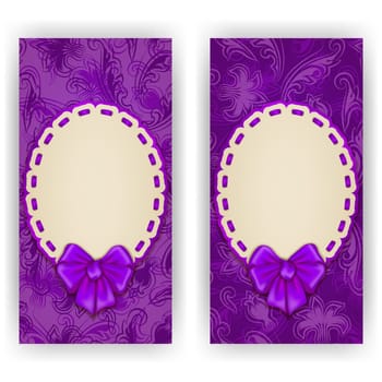 Set of elegant templates of luxury invitation, gift card with lace ornament, bow, place for text. Floral elements, ornate background. Vector illustration EPS10