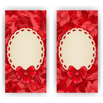 Set of elegant templates of luxury invitation, gift card with lace ornament, bow, place for text. Floral elements, ornate background. Vector illustration EPS10