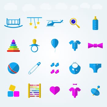Set of blue icons for children toys with colored elements on light blue background.