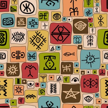 Colorful African seamless pattern wit tribal geometric symbols