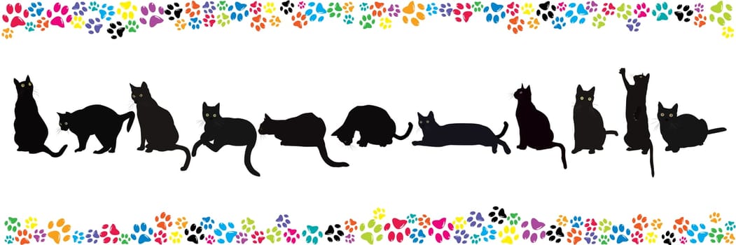 Border with black cats and colorful paws