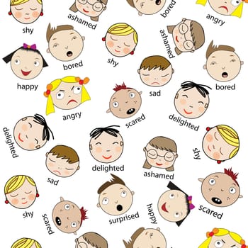Heads of children with different emotions on their faces, seamless background
