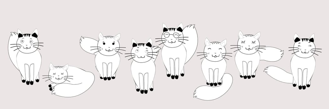 Black and white collection of cute and funny cats in doodle style