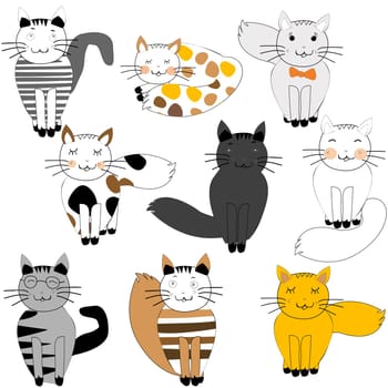 Set of cute and funny cats in doodle style