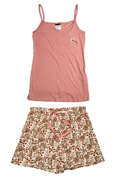 Collage set of female sexy summer shorts, nightdress or nightgown and a top or shirt with spaghetty straps isolated. Fashionable nightwear or nighties.