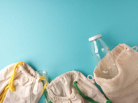 Plastic free daily shopping utensils,  renewable resources, zero waste concept, daily products, glass container and organic cotton bags