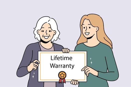 Smiling caregiver with elderly patient holding lifetime warranty food good quality service. Happy mature woman with guarantee assurance certificate in hands. Vector illustration.