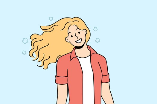 Smiling woman with curly hair have fun walking and enjoying day. Happy girl feel overjoyed relaxing on street in summer. Vector illustration.