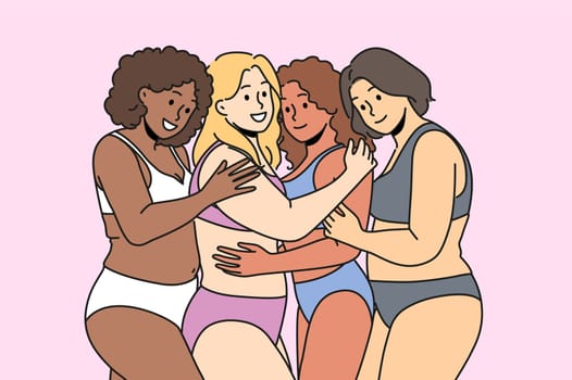 Smiling body positive interracial women in underwear posing together hugging. Happy multiethnic females of different sizes embrace. Body positivity. Vector illustration.
