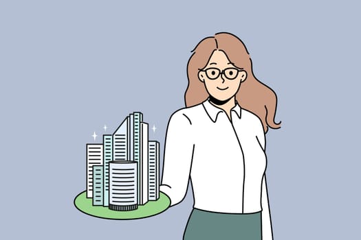 Smiling businesswoman hold building model on hand work in real estate. Happy confident broker or agent recommend property loan or mortgage. Realty and rent. Vector illustration.