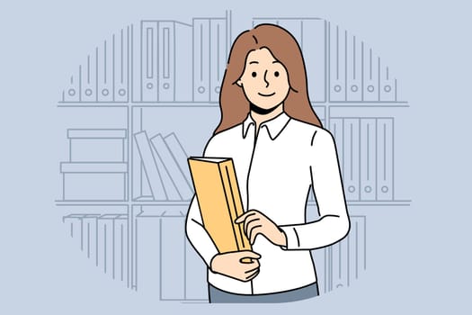 Smiling businesswoman hold folder in hands posing on office. Woman lawyer or manager stand near bookshelf with official documents. Vector illustration.