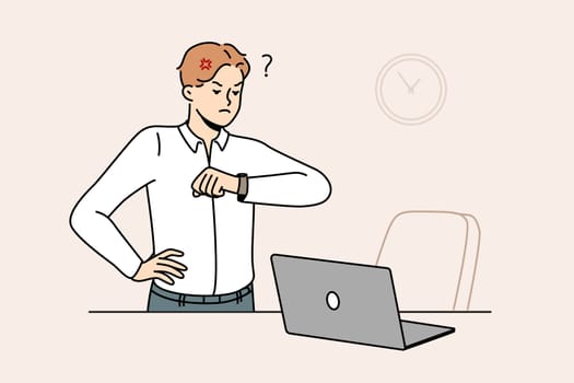 Furious businessman look at wristwatch unhappy with employee being late for work. Mad employee stand near empty desk frustrated with worker late in office. Vector illustration.