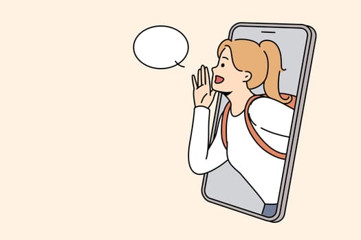 Girl with backpack make hand gesture scram form cellphone screen about good sale deal or promotion. Woman with hands as megaphone make announcement. Vector illustration.