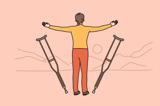 Disabled man let go of crutches face sunset enjoy recovery. Back view of recovered handicapped male enjoy dusk in nature. Hope and miracle concept. Vector illustration.