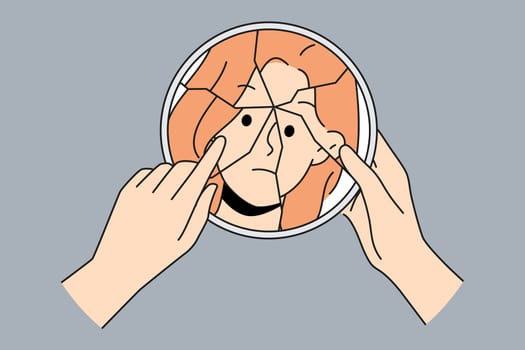 Woman look in broken mirror suffer from bipolar disorder. Unhappy girl struggle with personality disorder. Mental and psychological problems. Vector illustration.